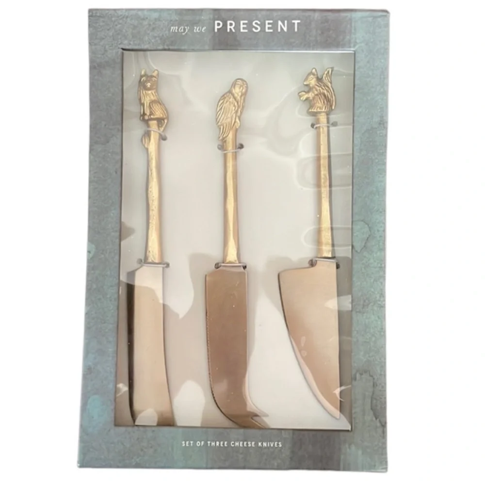 Anthropologie Lovis Woodland Brass Cheese Knives Serving Set Owl Fox Squirrel